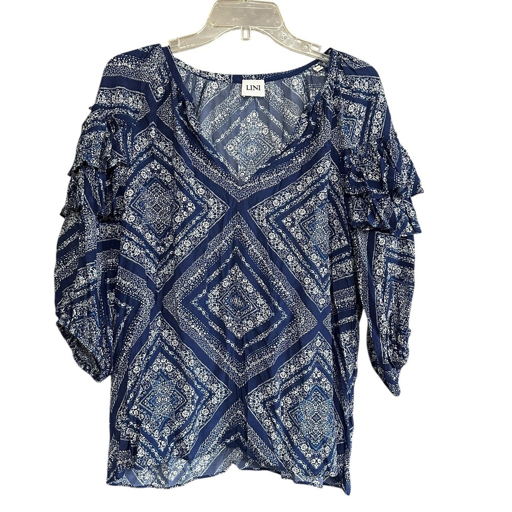 LINI Womens Blue White Geometric Tile Print Ruffle Sleeve Boho Blouse‎ Large